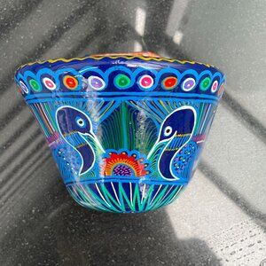 Handcrafted Talavera Mexican Pottery Wall Planter Blue Birds 5" Tall